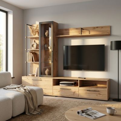 GRACIE - parete attrezzata con anta, vetrina e due cassetti moderna minimal in legno