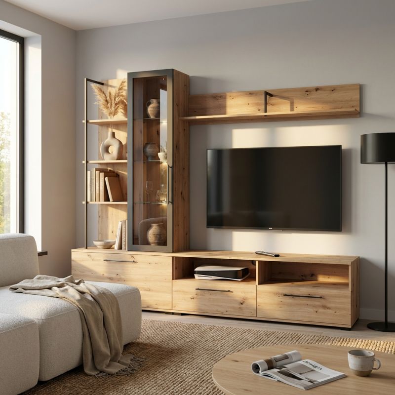 GRACIE - parete attrezzata con anta, vetrina e due cassetti moderna minimal in legno