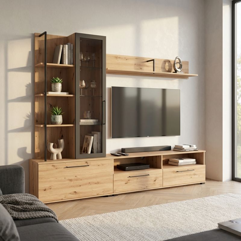 GRACIE - parete attrezzata con anta, vetrina e due cassetti moderna minimal in legno