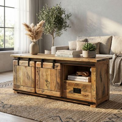 BEILY - porta tv legno di mango con 2 ante scorrevoli