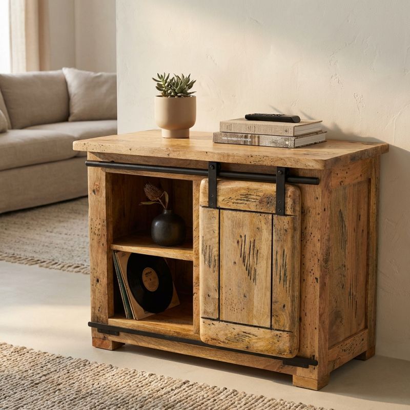 BEILY - porta tv legno di mango 1 anta scorrevole