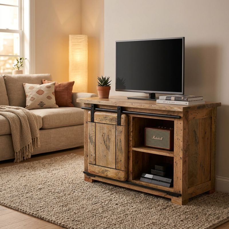 BEILY - porta tv legno di mango 1 anta scorrevole