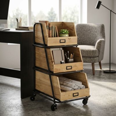 DROWY - 3 cassetti in legno con ruote industrial in legno e acciaio
