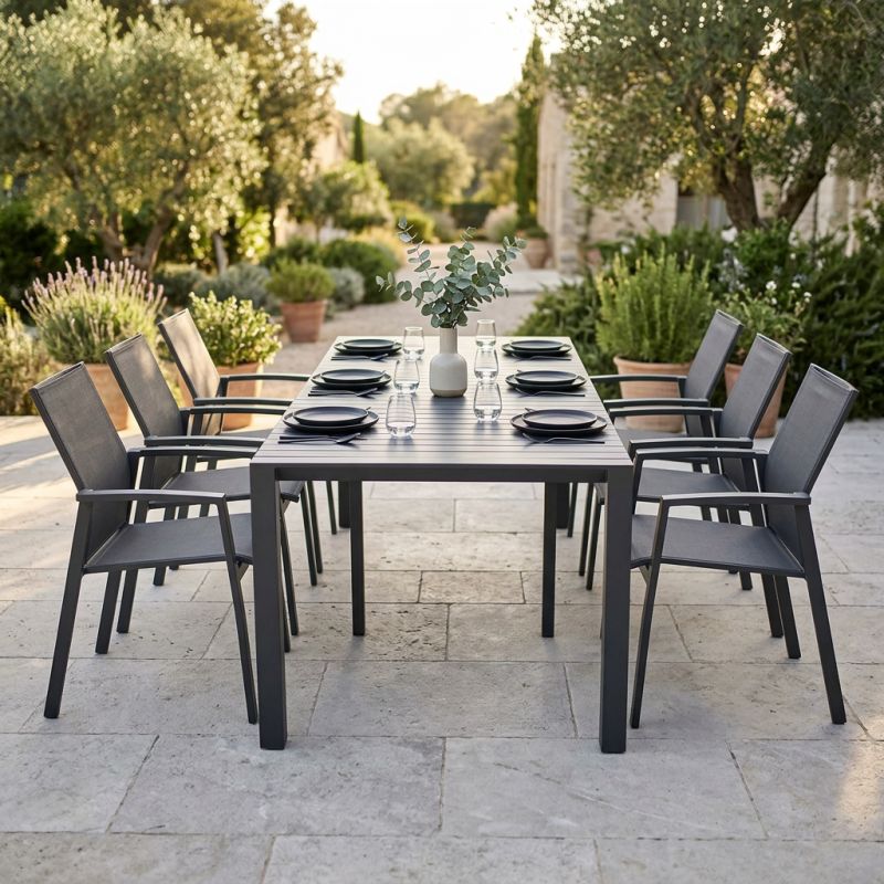 ARIZONA - set tavolo in alluminio cm 52/104/156/208/260 x 85 x 74 h con 6 poltrone Lotus