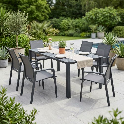 ARIZONA - set tavolo in alluminio cm 52/104/156/208/260 x 85 x 74 h con 6 poltrone Lotus