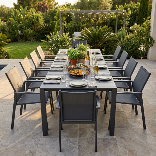 ARIZONA - set tavolo in alluminio cm 85 x 51,50/104/156/208/260 x 74 h con 10 poltrone Lotus