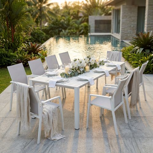 ARIZONA - set tavolo in alluminio cm 85x51,50/104/156/208/260 x 74 h con 10 poltrone Lotus