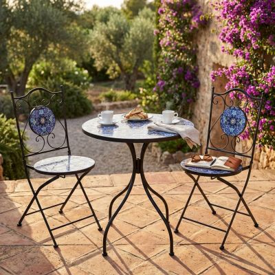 LAGOS - set due sedie pieghevoli e tavolo rotondo con decori