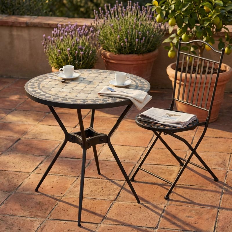 BRAIS - tavolo con piano rotondo e mosaico beige e antracite