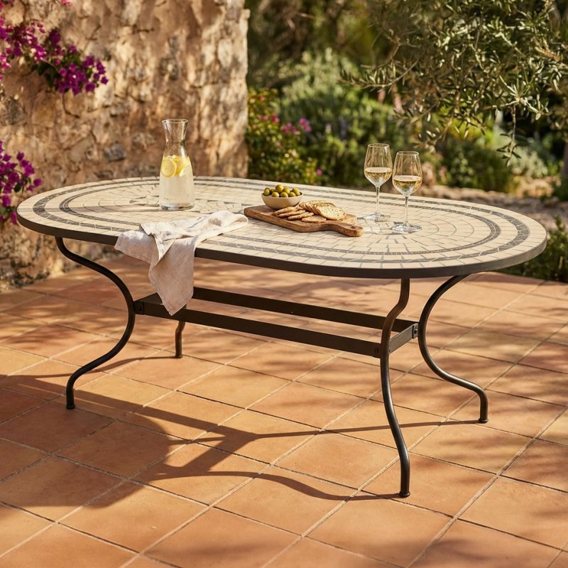 MELILLA - tavolo con piano ovale e mosaico beige e antracite