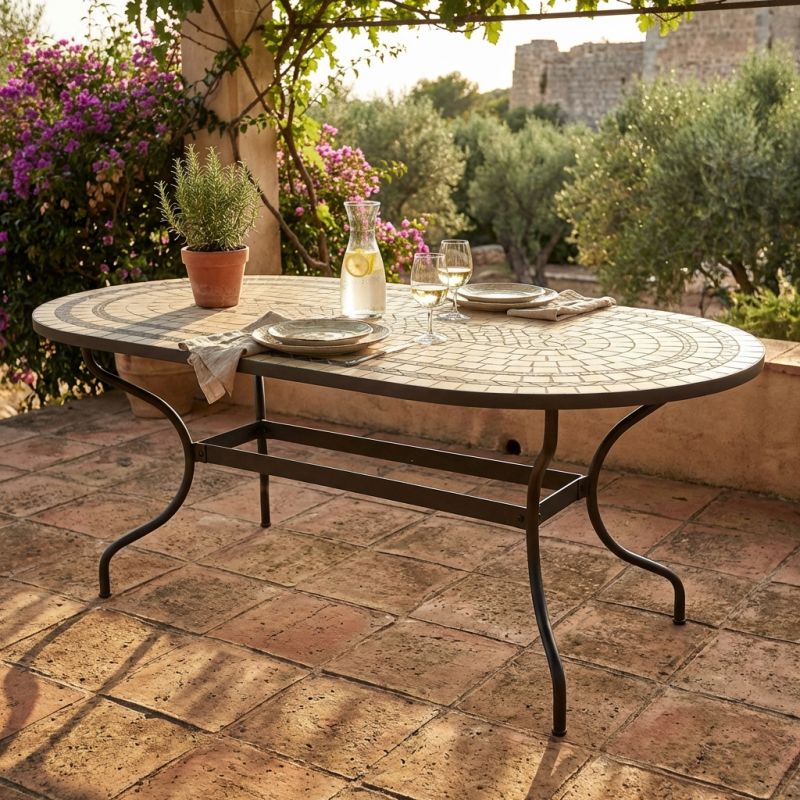 MELILLA - tavolo con piano ovale e mosaico beige e antracite