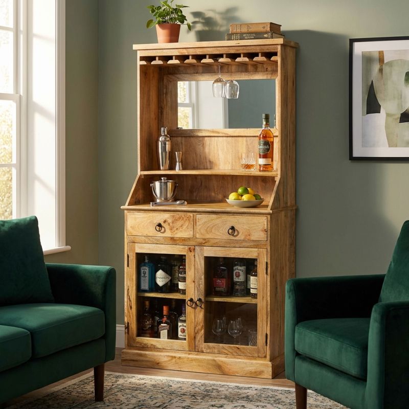 STILLER - mobile in legno di mango con 2 ante, 2 cassetti e porta bicchieri