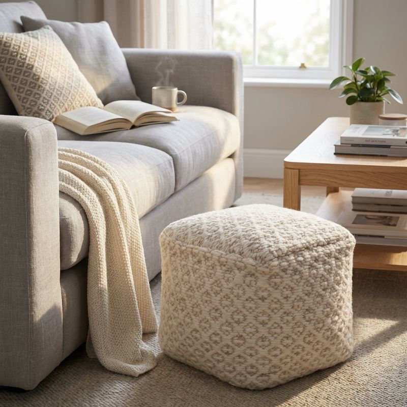 TRAVIS - pouf in lana avorio con decoro 40 x 40