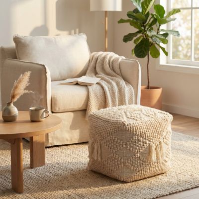 ODETTE - pouf in lana avorio con decoro 40 x 40