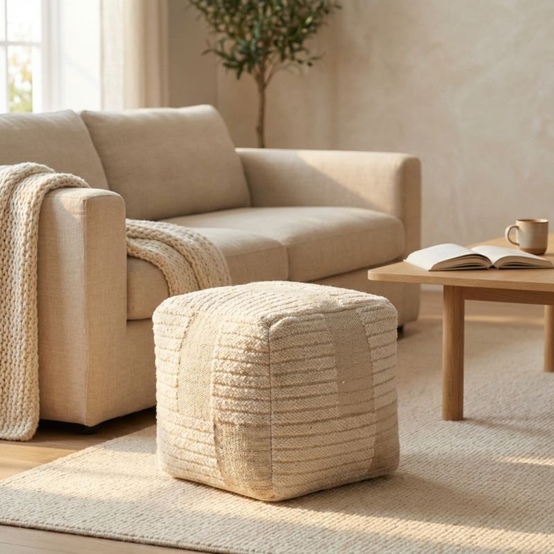 KURT - pouf in lana avorio con decoro 40 x 40