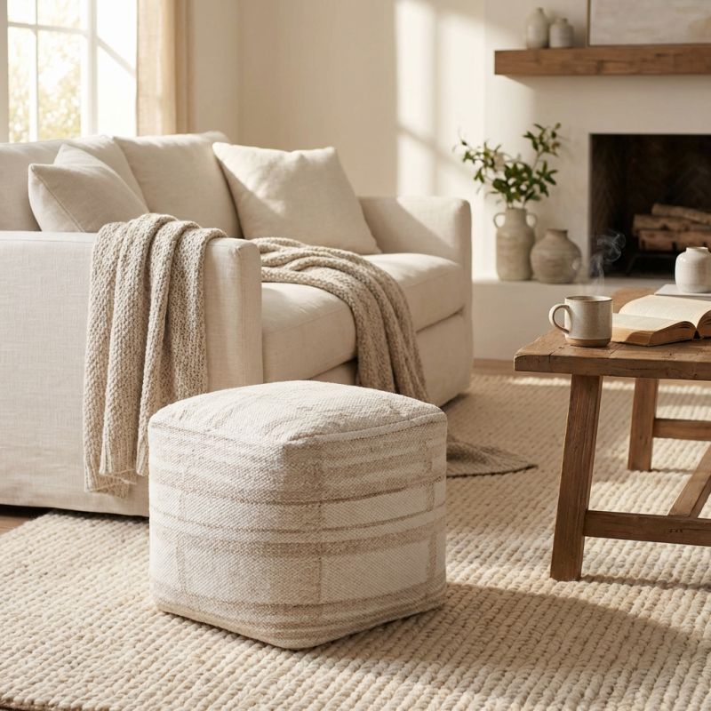 JUPITER - pouf in lana avorio con decoro 40 x 40