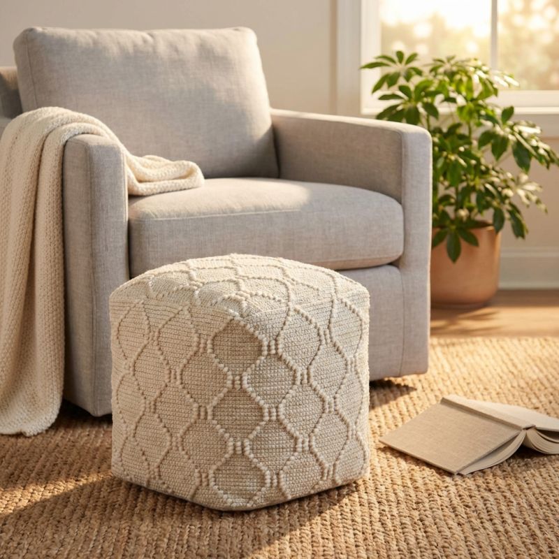 MELILLA - pouf in lana avorio con decoro 40 x 40