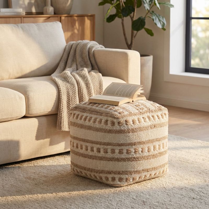 FRIDA - pouf in lana avorio con decoro 40 x 40