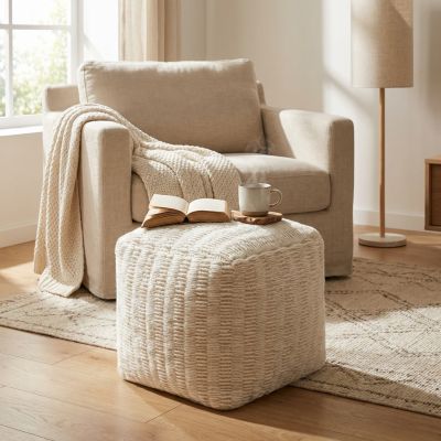 SIGRID - pouf in lana avorio con decoro 40 x 40