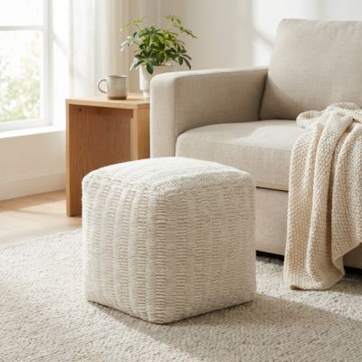 SIGRID - pouf in lana avorio con decoro 40 x 40