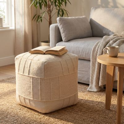 ORSON - pouf in lana avorio con decoro 40 x 40