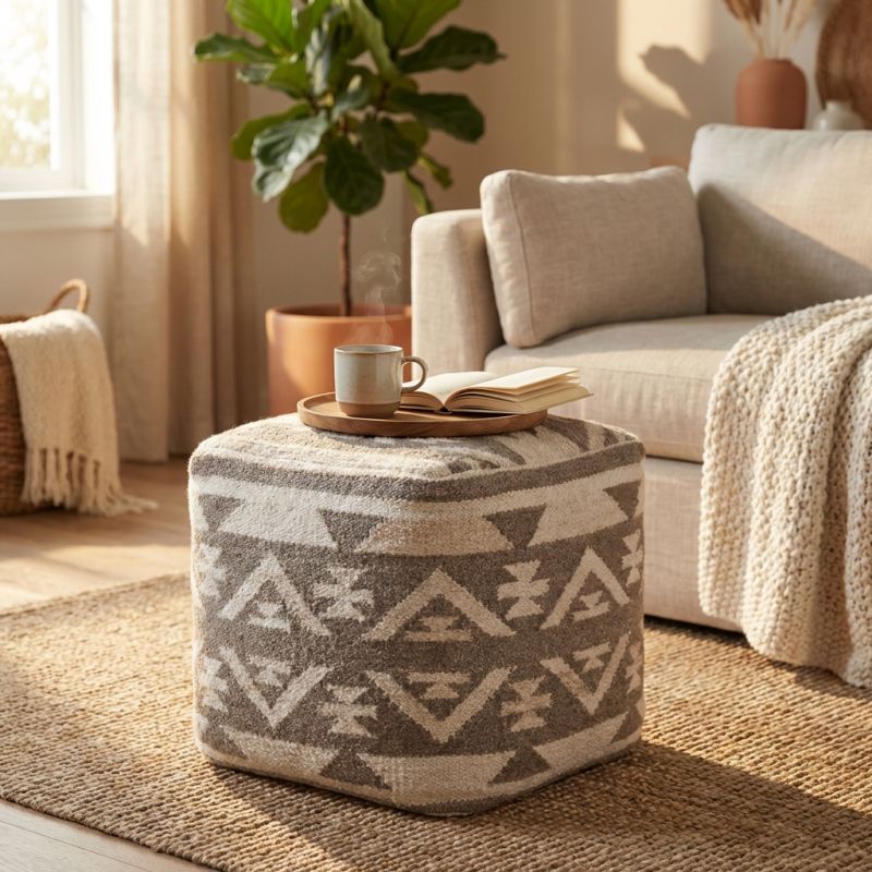 AXEL - pouf in lana avorio con decoro 40 x 40