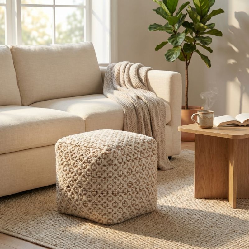 EWAN - pouf in lana avorio con decoro 40 x 40