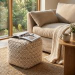 EWAN - pouf in lana avorio con decoro 40 x 40