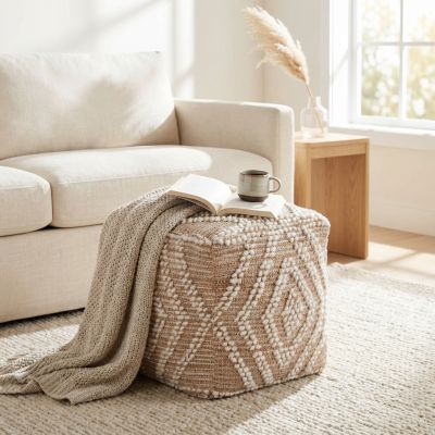 MEGAN - pouf in lana avorio con decoro 40 x 40