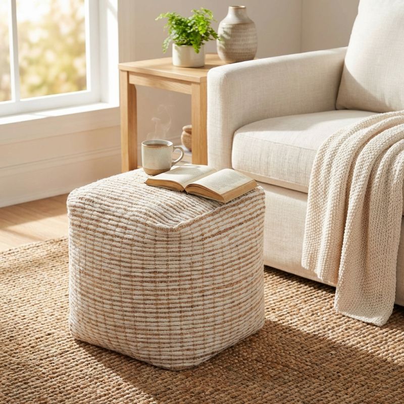 MARLENE - pouf in lana avorio con decoro 40 x 40