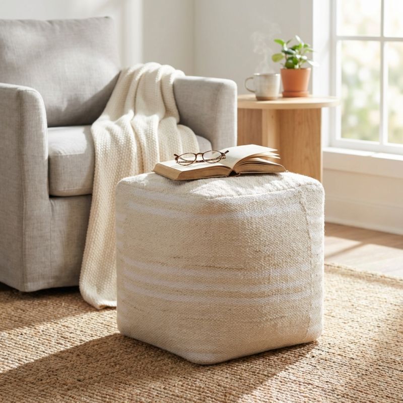 MIRANDA - pouf in lana avorio con decoro 40 x 40