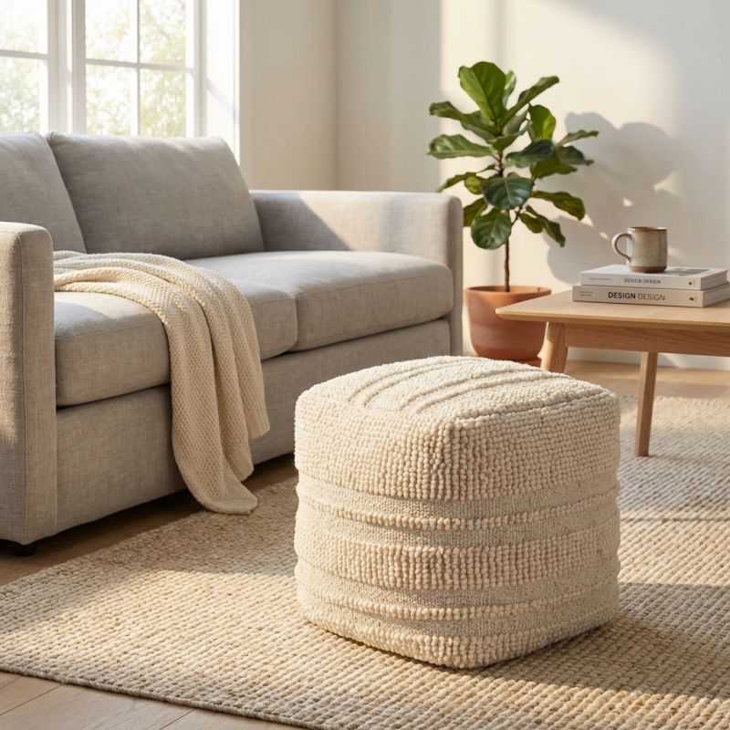TESSA - pouf in lana avorio con decoro 40 x 40