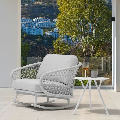 GLENDA - poltrona dondolo con struttura in allumino bianco e con corda grigio mélange