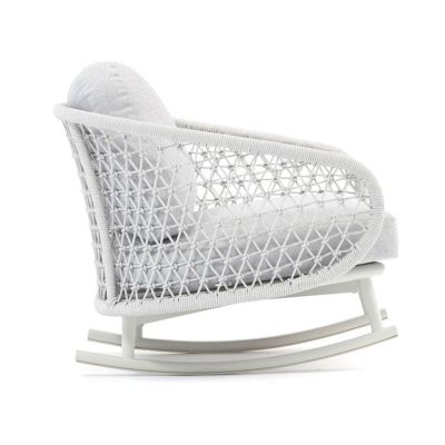 GLENDA - poltrona dondolo con struttura in allumino bianco e con corda grigio mélange