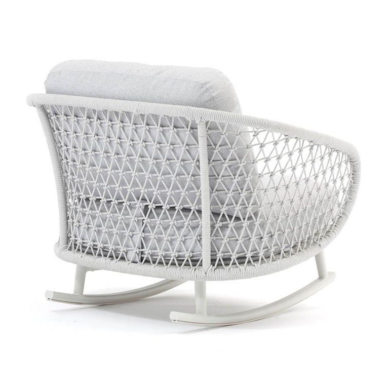 GLENDA - poltrona dondolo con struttura in allumino bianco e con corda grigio mélange