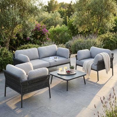 GALASSIA - salotto con struttura in alluminio bianco, rosso o antracite, rivestimento in corda in pvc