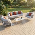 BACHATA - salotto con struttura in alluminio verniciato taupe o bianca, rivestimento in corda in pvc