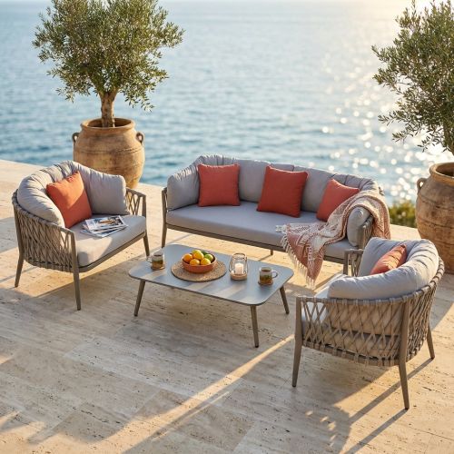 BACHATA - salotto con struttura in alluminio verniciato taupe o bianca, rivestimento in corda in pvc