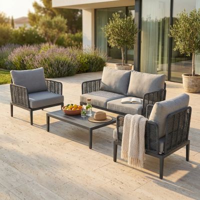 ESCONDIDO - salotto con struttura in alluminio antracite e corda in pvc, tavolino effetto pietra