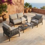 ESCONDIDO - salotto con struttura in alluminio antracite e corda in pvc, tavolino effetto pietra