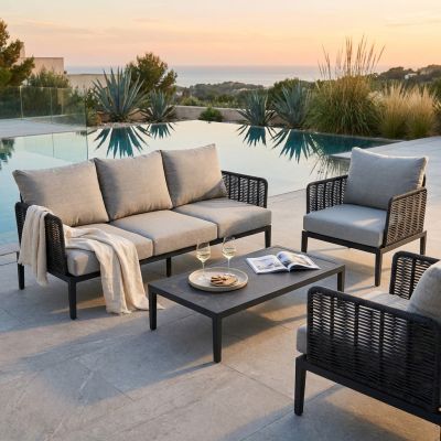 ESCONDIDO - salotto con struttura in alluminio antracite e corda in pvc, tavolino effetto pietra