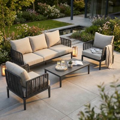 ESCONDIDO - salotto con struttura in alluminio antracite e corda in pvc, tavolino effetto pietra