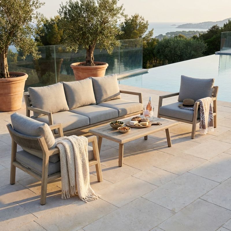 ENCANTO - salotto con struttura in alluminio verniciato effetto legno e cuscineria