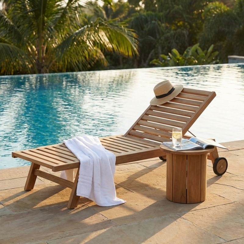 TIKAU - lettino con ruote in teak