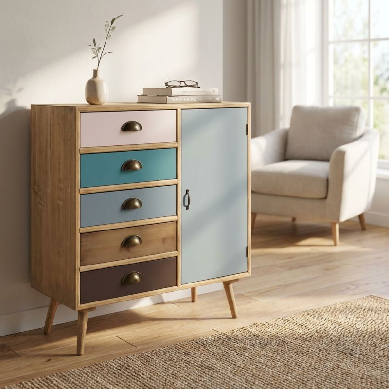 ADELINE - mobiletto 1 anta e 5 cassetti in mdf multicolor