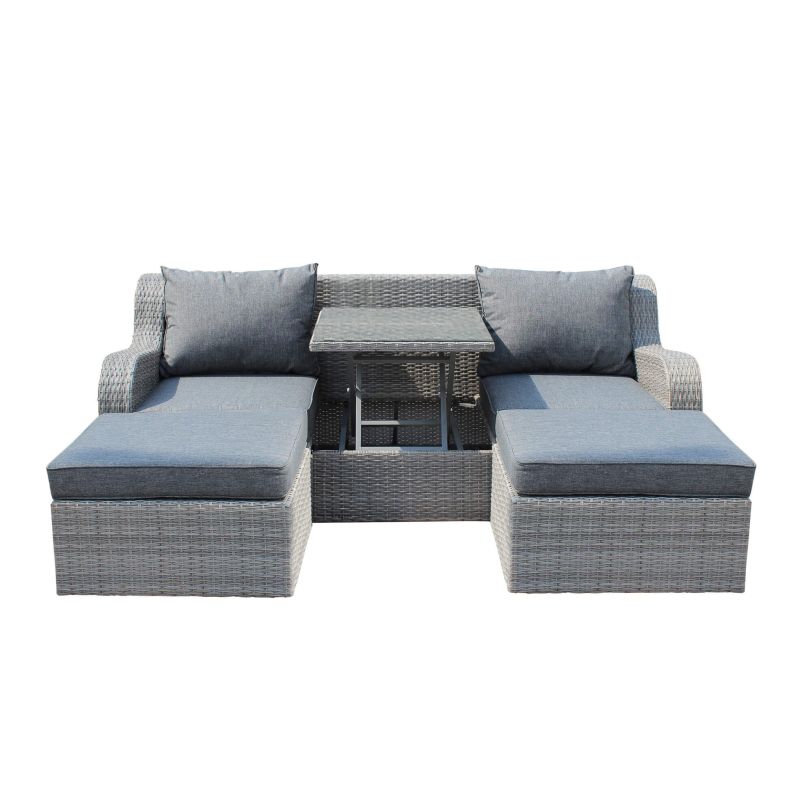GRANDIS - divano da giardino con 2 pouf completo di cuscino intreccio in rattan sintetico