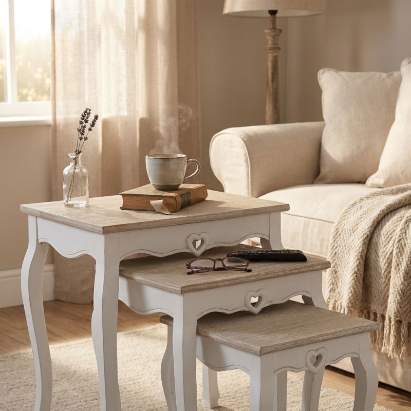 ROLAND - set 3 tavolini in legno di paulownia shabby chic