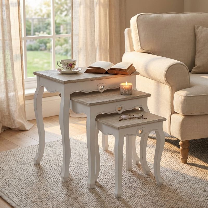 ROLAND - set 3 tavolini in legno di paulownia shabby chic