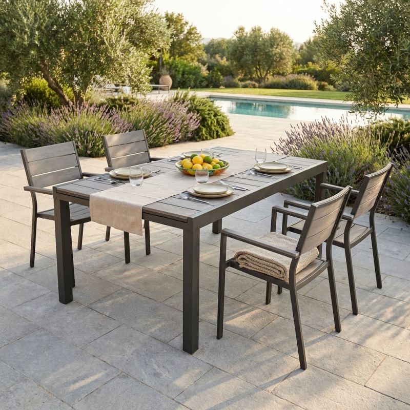 TRIUMPHUS - set tavolo in alluminio e polywood cm 180/240 x 100 x 73 h con 4 poltrone Xanthus