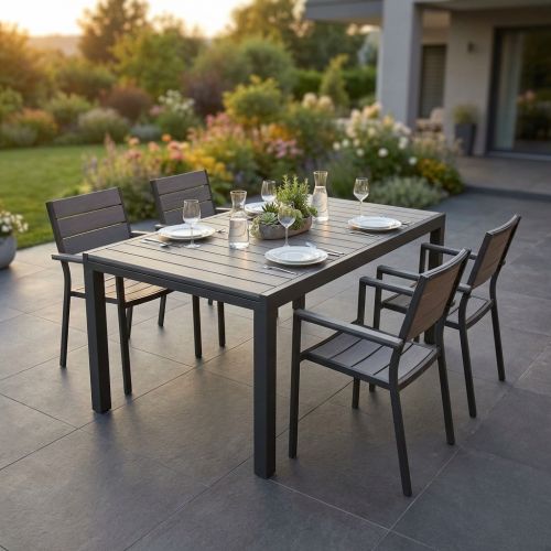 TRIUMPHUS - set tavolo in alluminio e polywood cm 180/240 x 100 x 73 h con 4 poltrone Xanthus